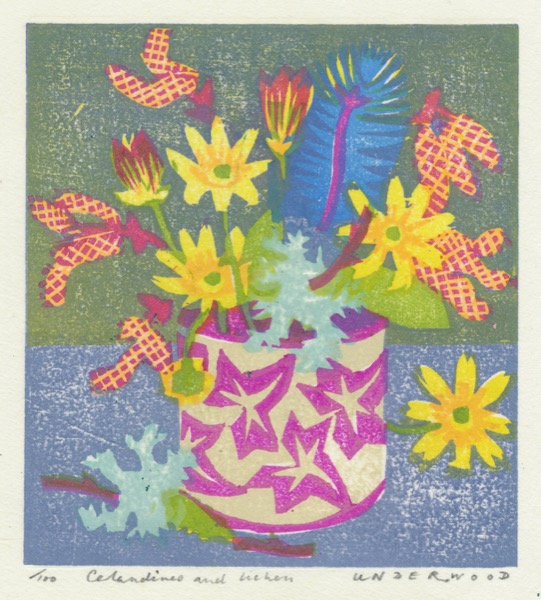 "Celandines and Lichen" woodblock print by Matt Underwood