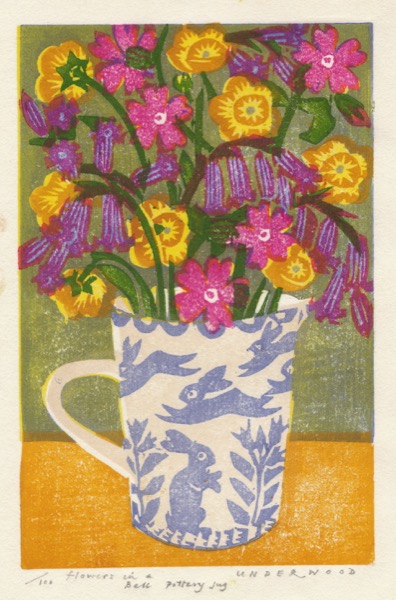 "Flowers in a Bell Pottery Jug" woodblock print by Matt Underwood